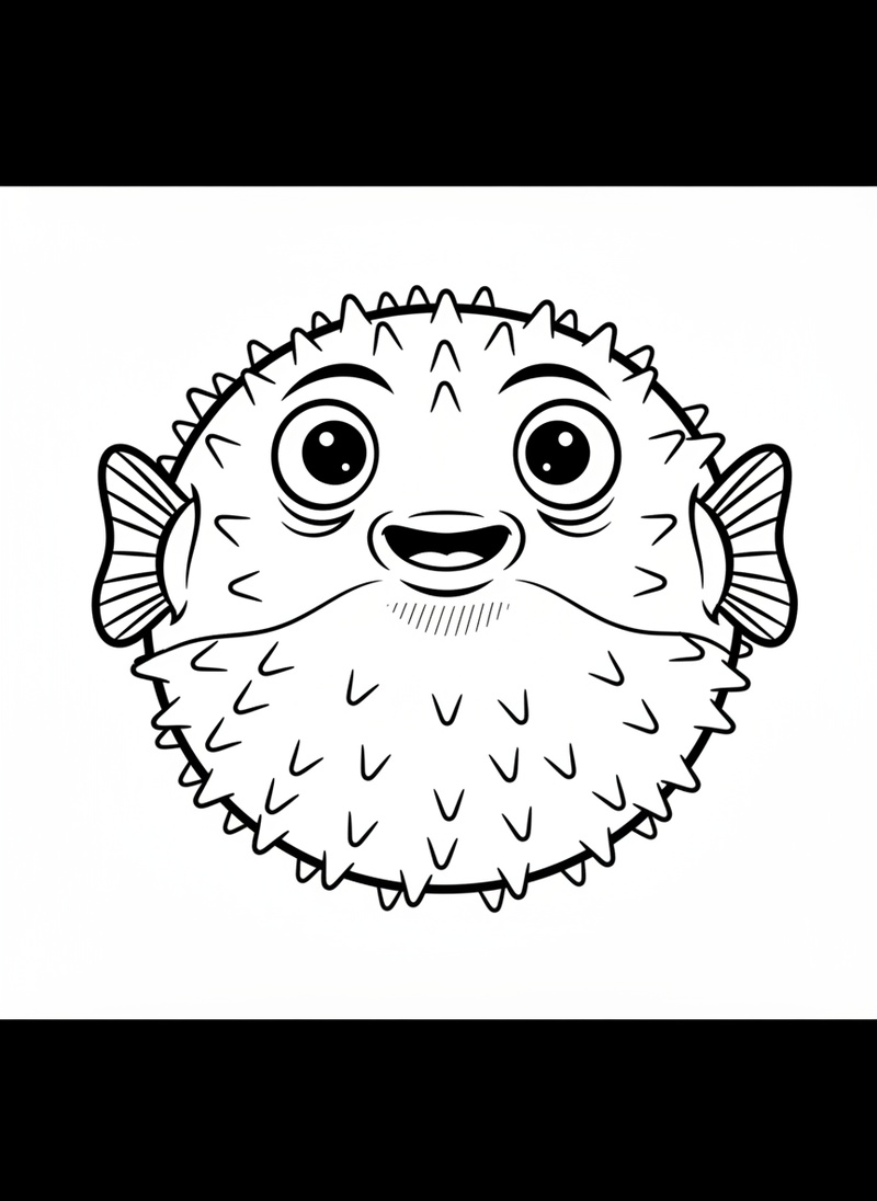 Spike the Pufferfish in Classic Coloring Book - Black & White Illustration