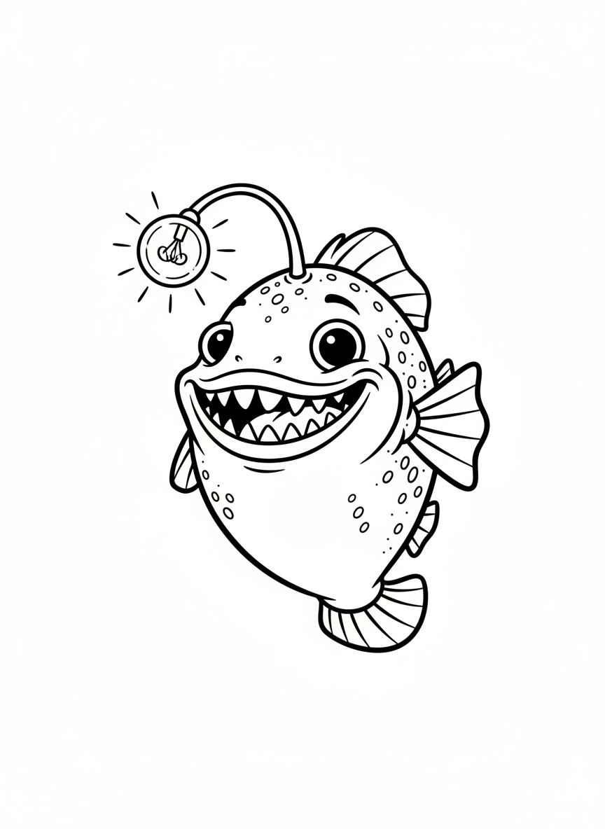 Glimmer the Anglerfish - Black & White Illustration