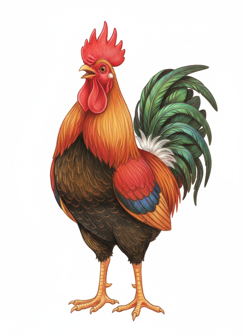 Rooster Red the Proud Cockerel in Gentle Pencil - Full Colored Illustration