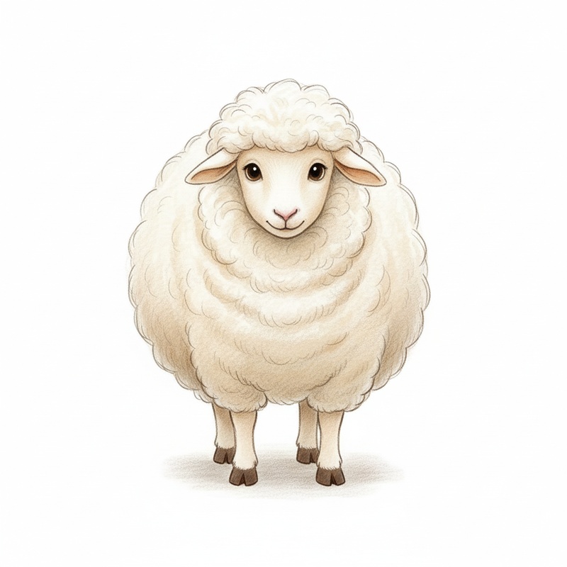 Wooly the Fluffy Sheep in Gentle Pencil - Full Colored Illustration