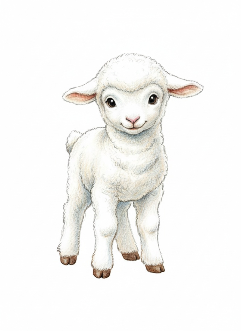 Lambchop the Baby Lamb in Gentle Pencil - Full Colored Illustration