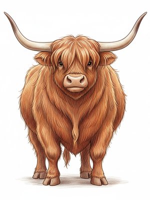 Angus the Highland Bull in Gentle Pencil - Full Colored Illustration