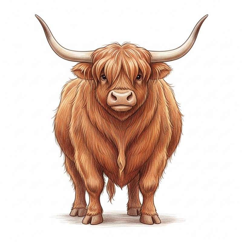 Angus the Highland Bull in Gentle Pencil - Full Colored Illustration