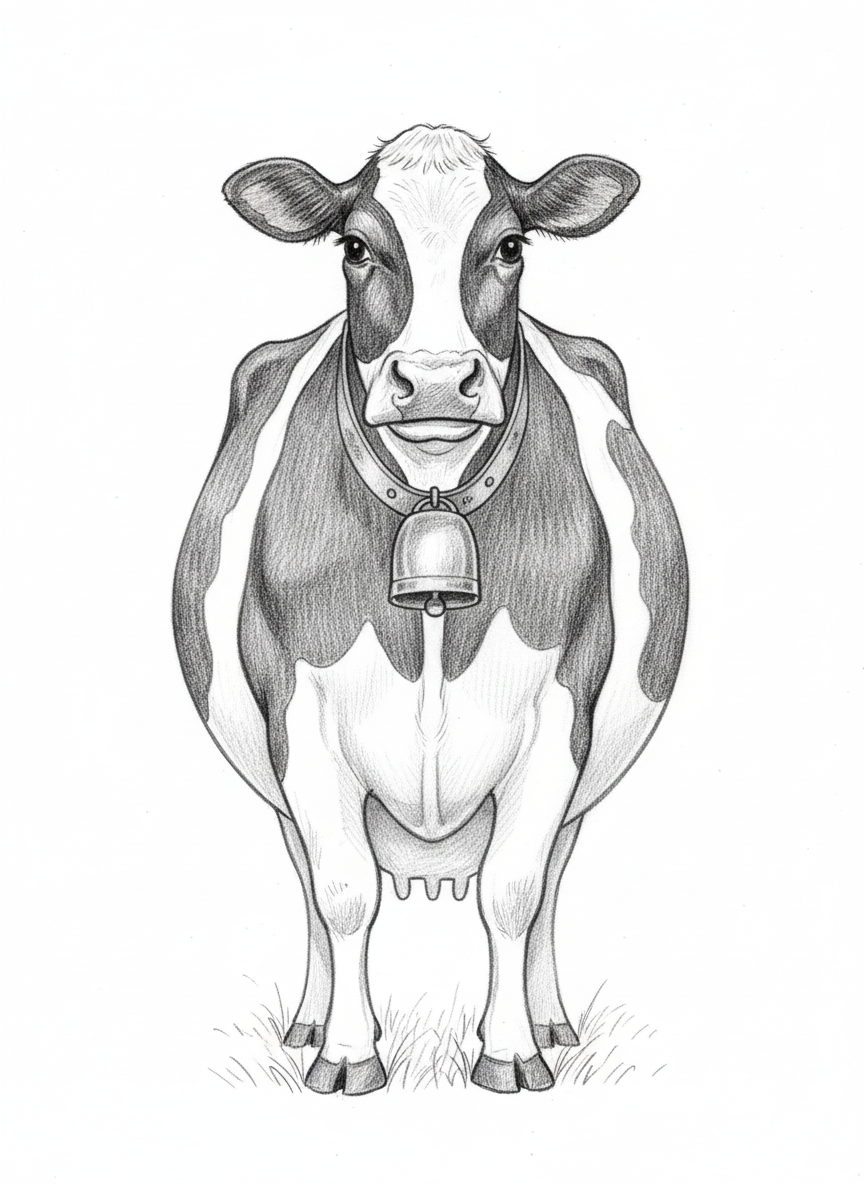 Bessie the Gentle Dairy Cow - Black & White Illustration