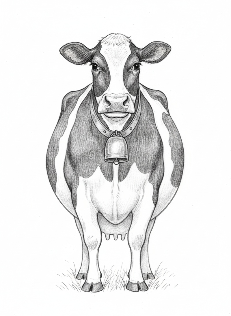 Bessie the Gentle Dairy Cow in Gentle Pencil - Black & White Illustration