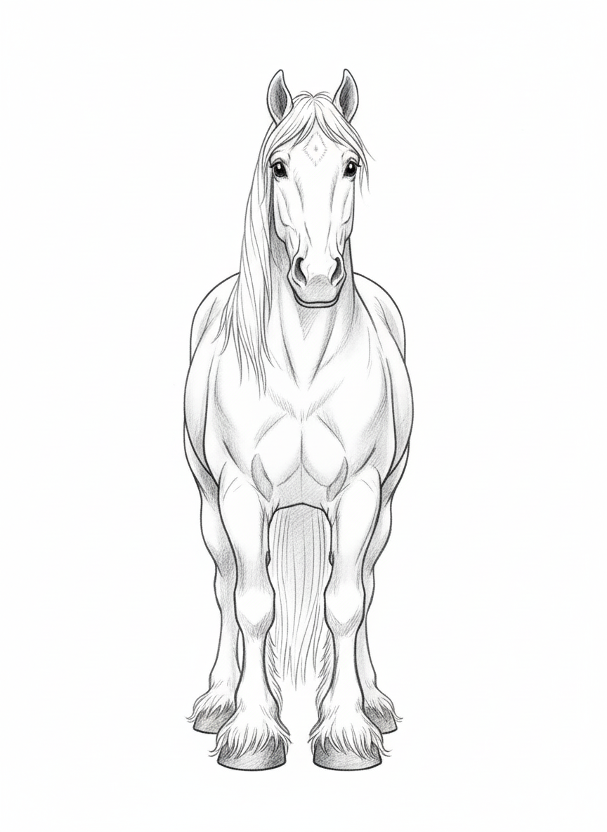 Thunder the Strong Work Horse - Black & White Illustration