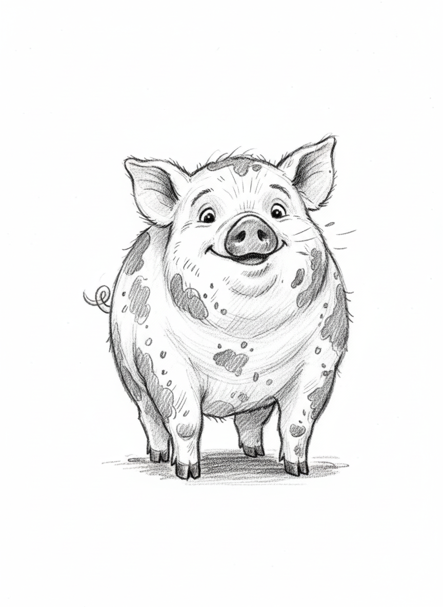 Muddles the Messy Pig - Black & White Illustration