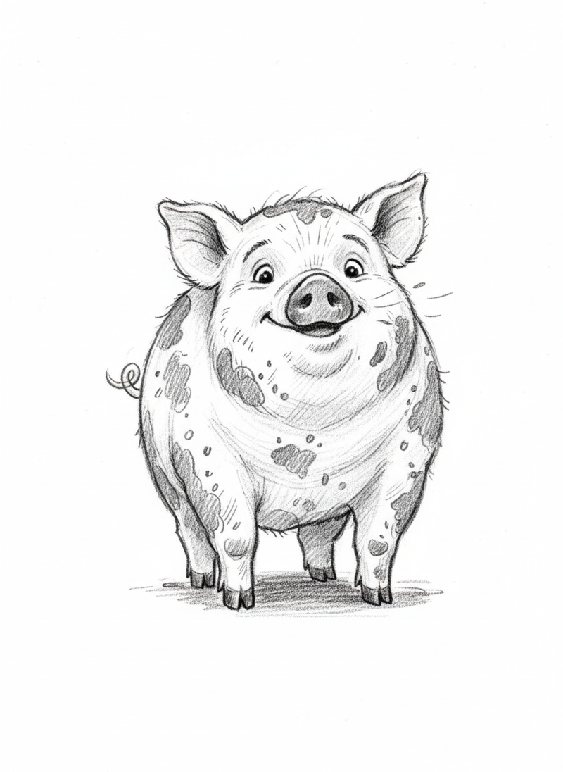 Muddles the Messy Pig in Gentle Pencil - Black & White Illustration