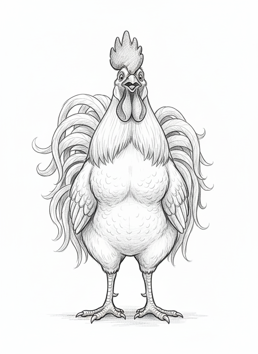Rooster Red the Proud Cockerel - Black & White Illustration