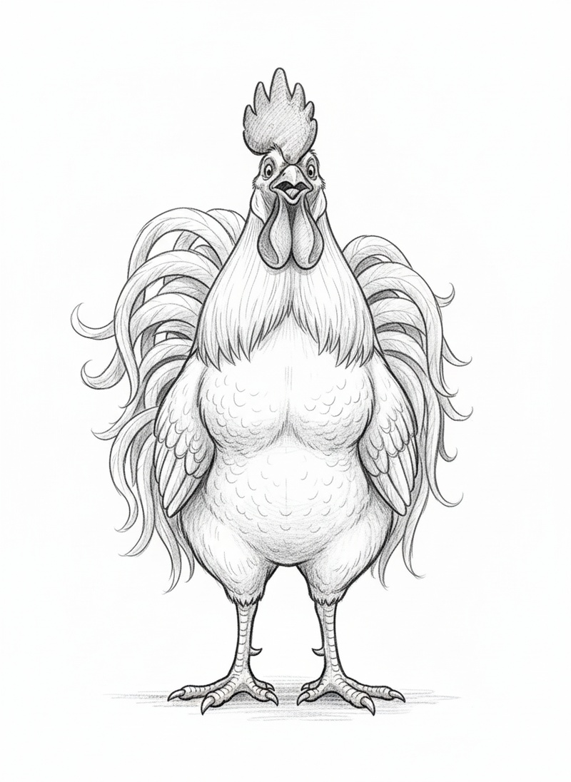 Rooster Red the Proud Cockerel in Gentle Pencil - Black & White Illustration