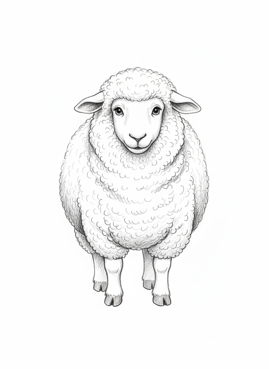 Wooly the Fluffy Sheep - Black & White Illustration