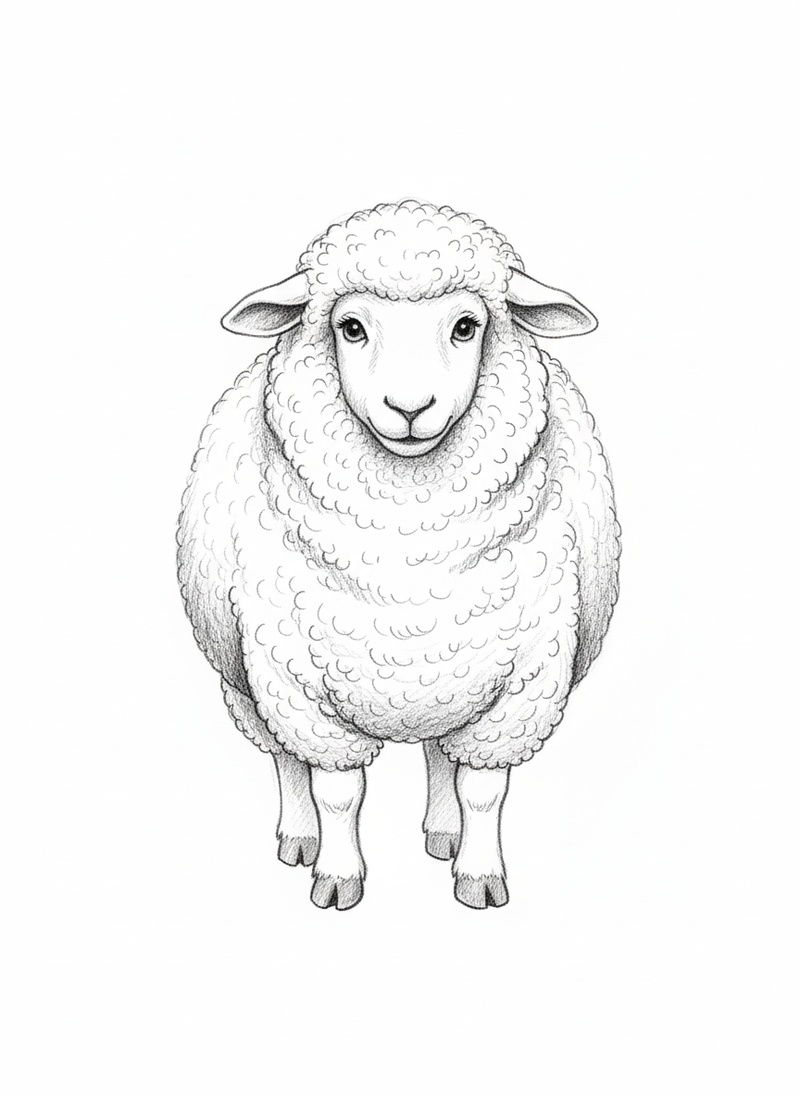 Wooly the Fluffy Sheep in Gentle Pencil - Black & White Illustration