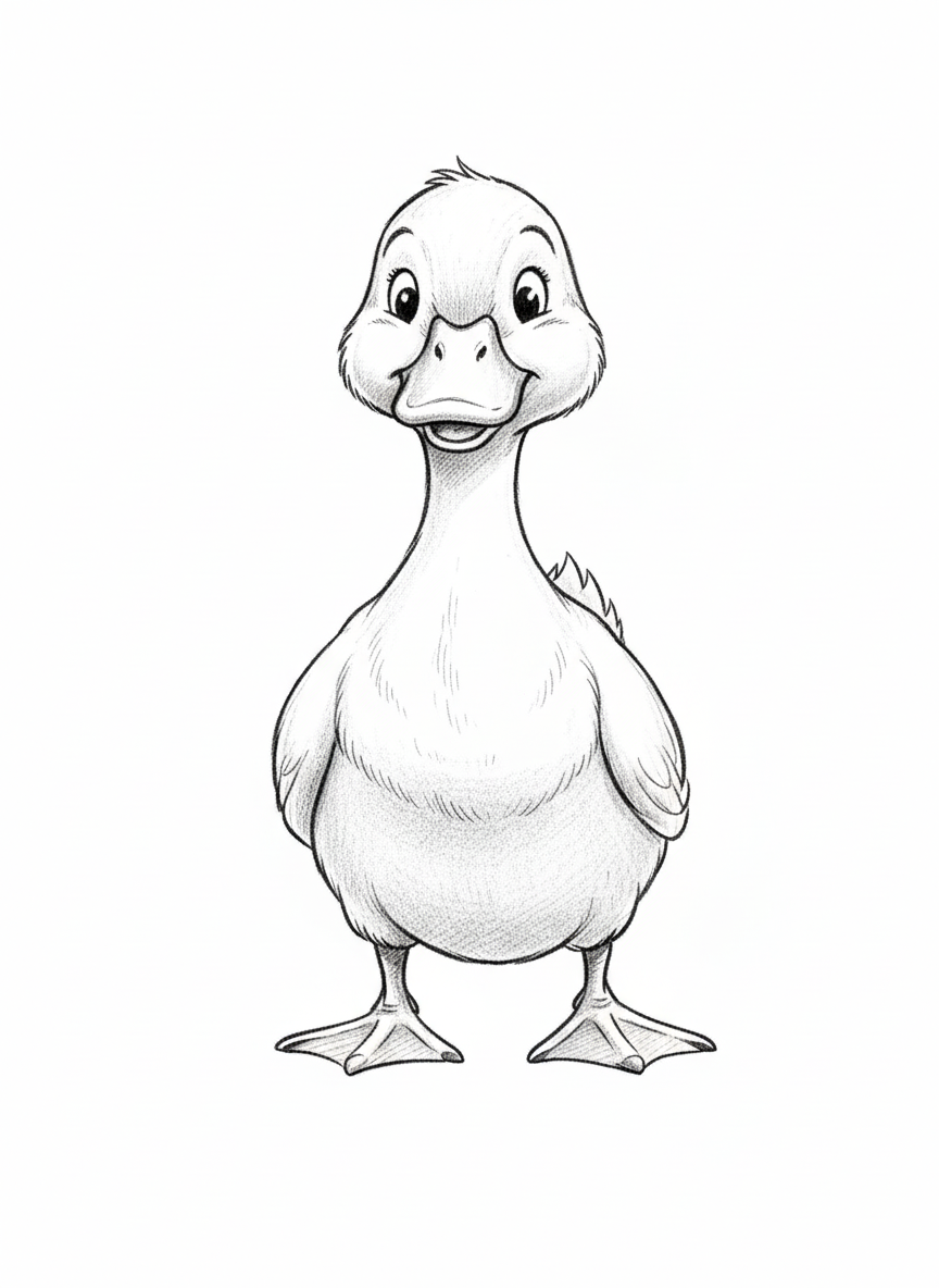 Ducky the Waddling Duck - Black & White Illustration