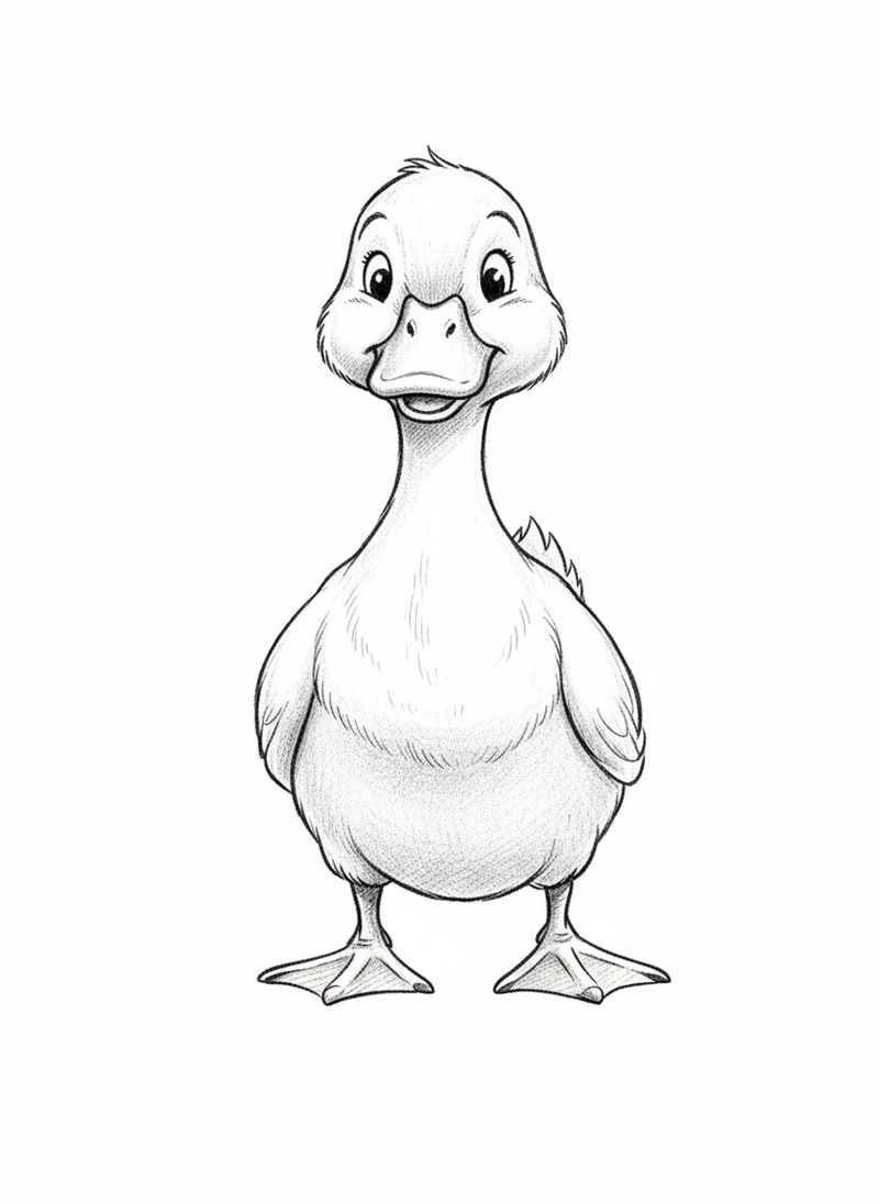 Ducky the Waddling Duck in Gentle Pencil - Black & White Illustration