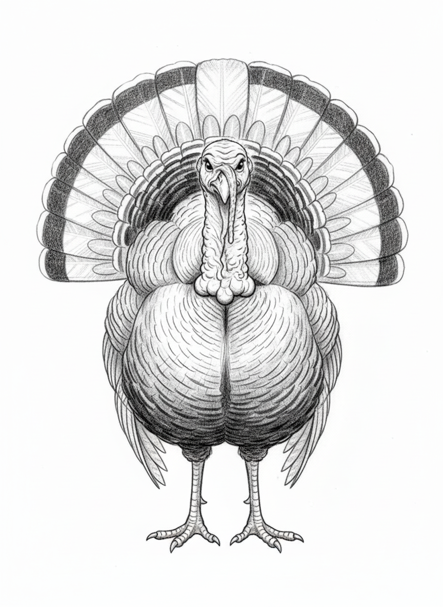 Gobbles the Turkey - Black & White Illustration