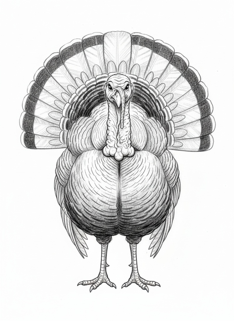 Gobbles the Turkey in Gentle Pencil - Black & White Illustration