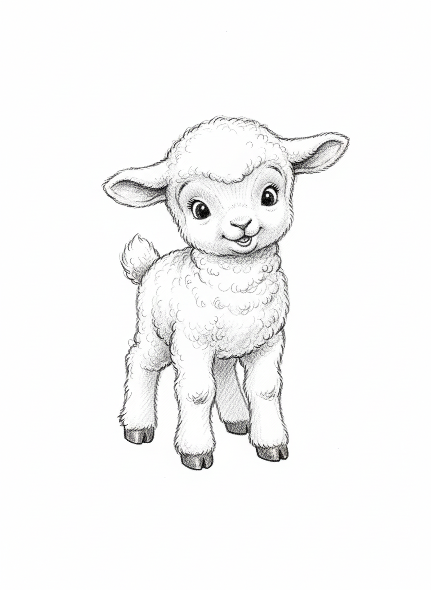 Lambchop the Baby Lamb - Black & White Illustration