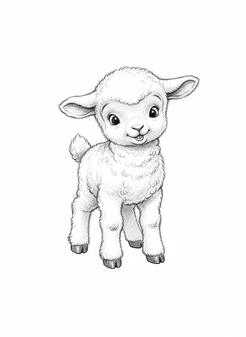 Lambchop the Baby Lamb in Gentle Pencil - Black & White Illustration