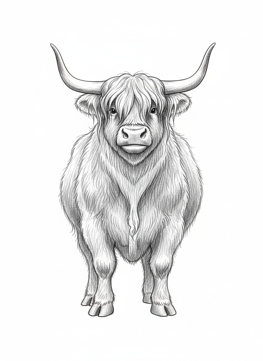 Angus the Highland Bull - Black & White Illustration