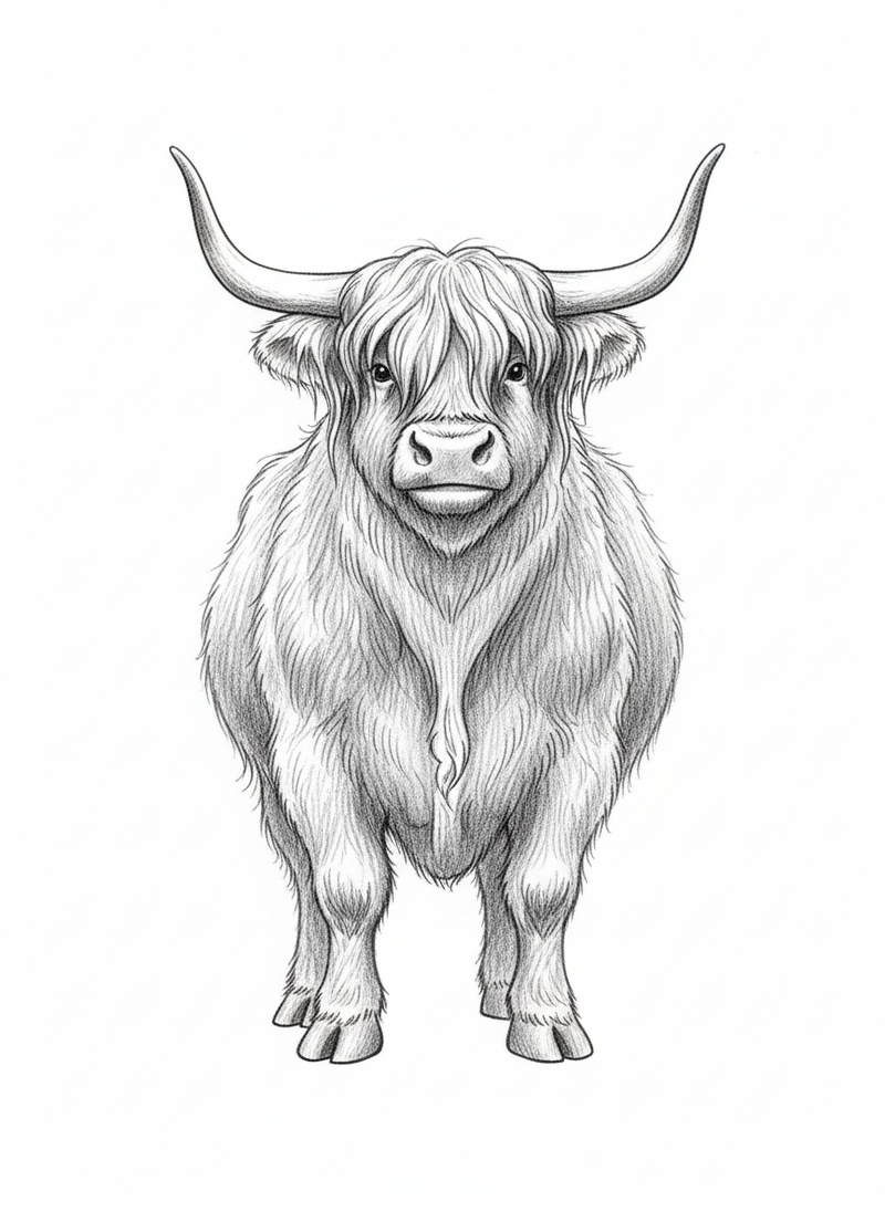 Angus the Highland Bull in Gentle Pencil - Black & White Illustration