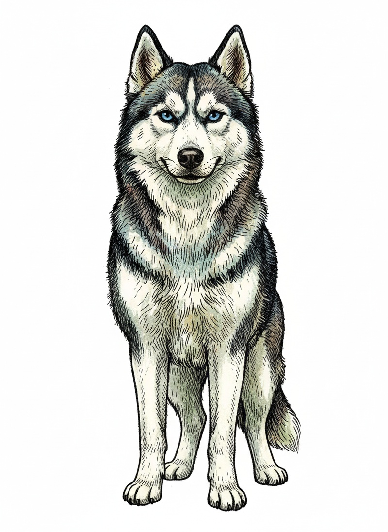 Luna the Curious Husky in Victorian Illustration - Full Colored Illustration