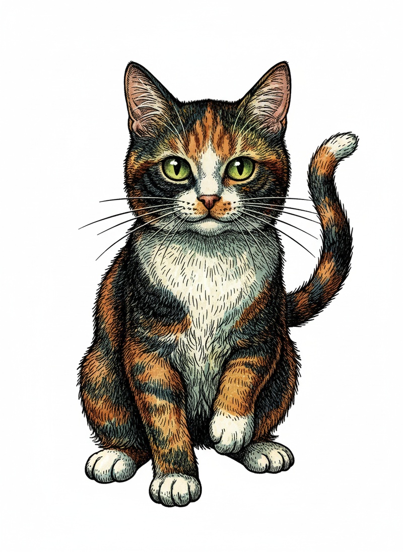 Patches the Playful Calico in Victorian Illustration - Full Colored Illustration