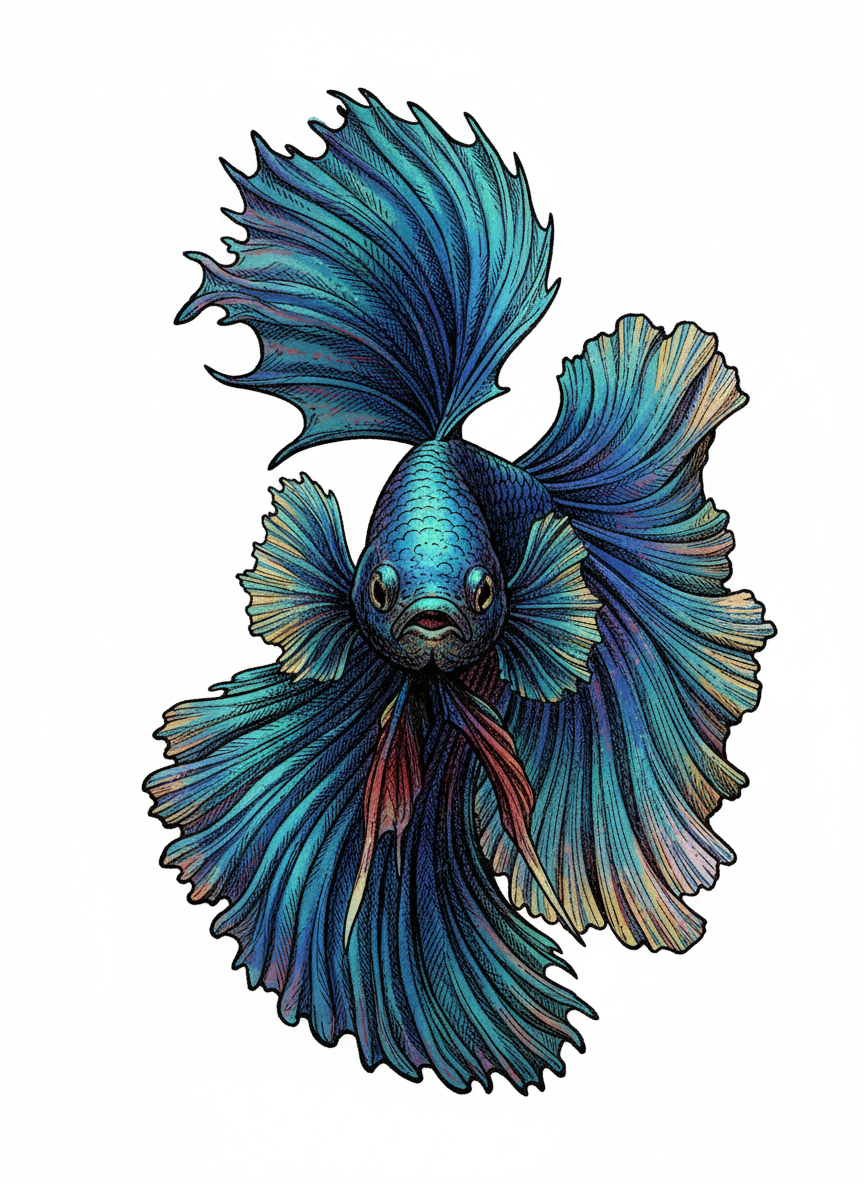 Azul the Colorful Betta Fish - Full Colored Illustration