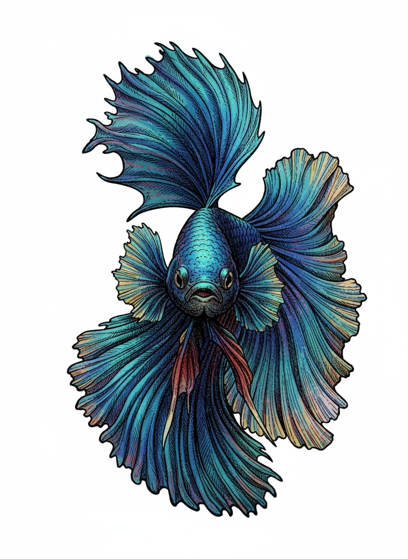 Azul the Colorful Betta Fish in Victorian Illustration - Full Colored Illustration