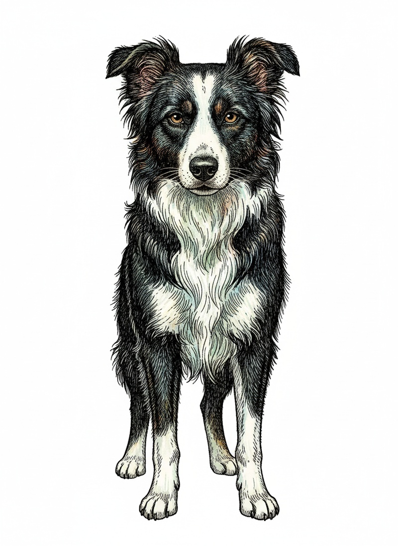 Gizmo the Smart Border Collie in Victorian Illustration - Full Colored Illustration