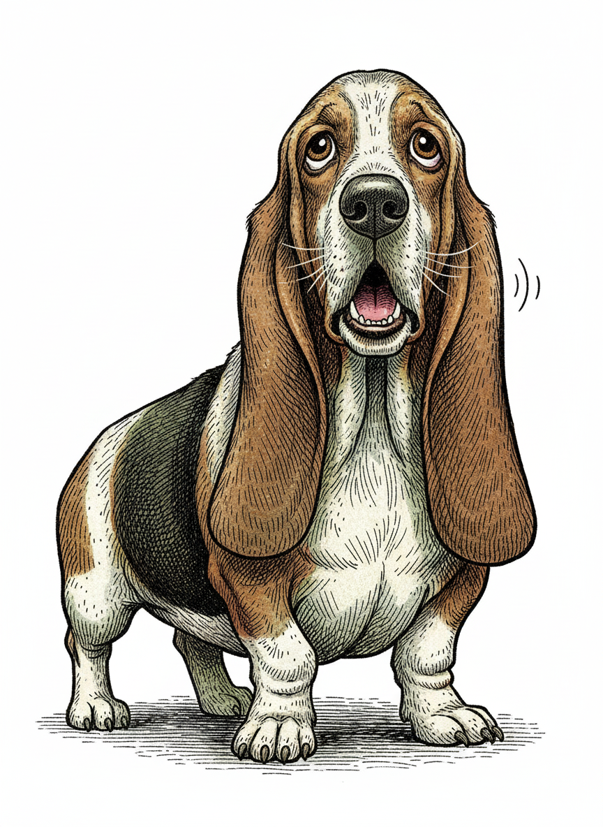 Noodle the Lazy Basset Hound - Full Colored Illustration