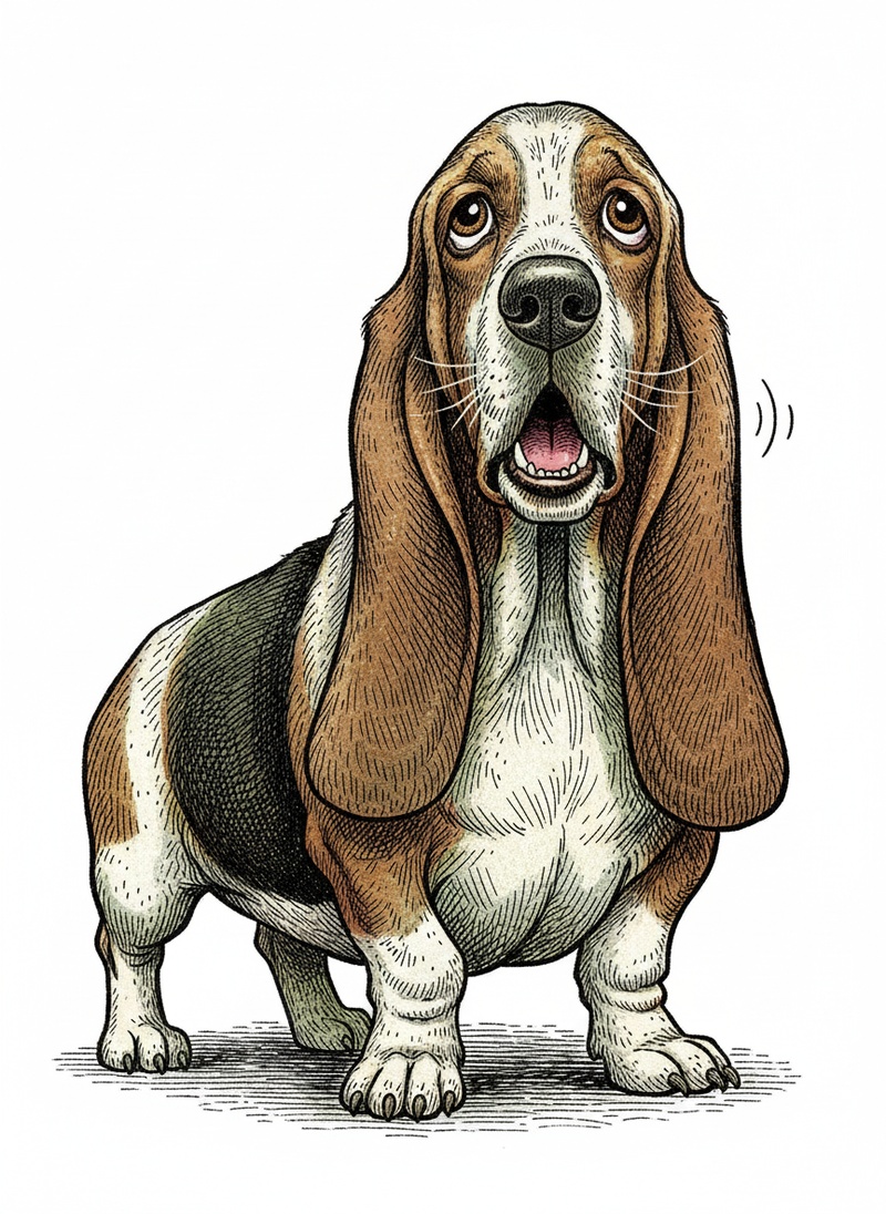 Noodle the Lazy Basset Hound in Victorian Illustration - Full Colored Illustration