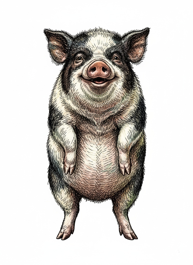 Pepper the Miniature Pig in Victorian Illustration - Full Colored Illustration