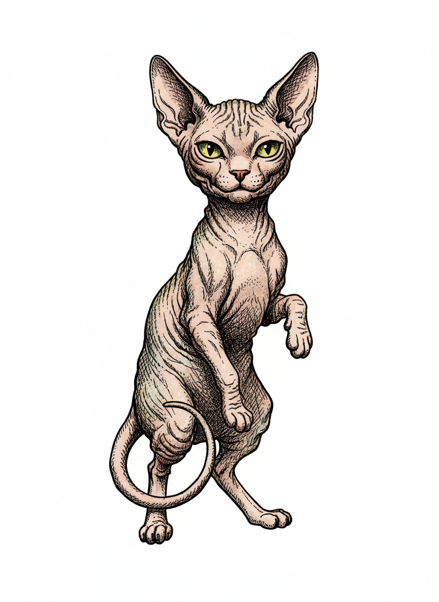 Jinx the Mischievous Sphinx Cat - Full Colored Illustration