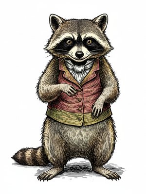 Bandit the Pet Raccoon in Victorian Illustration - Full Colored Illustration