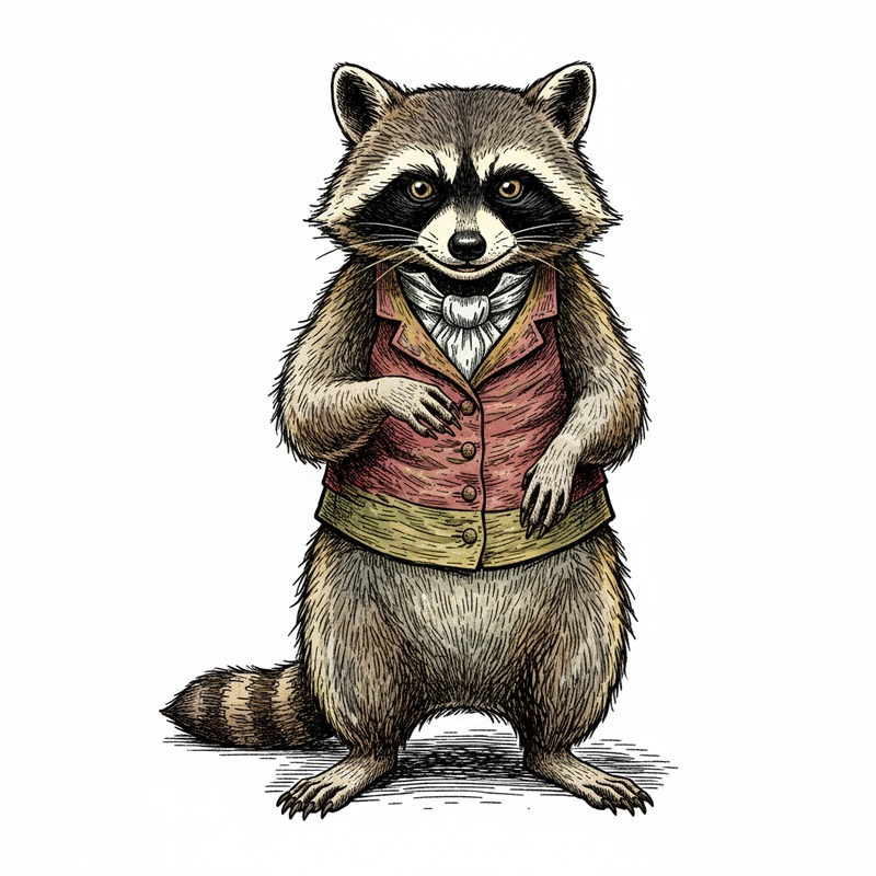Bandit the Pet Raccoon in Victorian Illustration - Full Colored Illustration