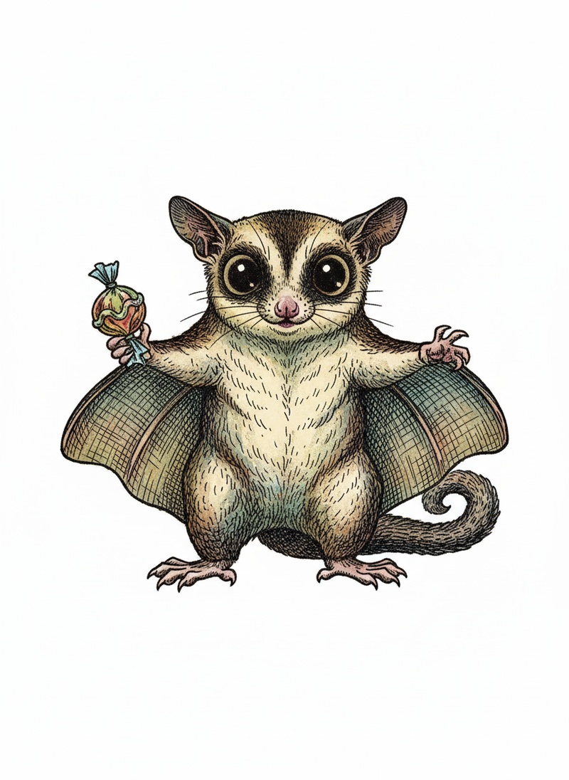 Sugar the Sugar Glider in Victorian Illustration - Full Colored Illustration