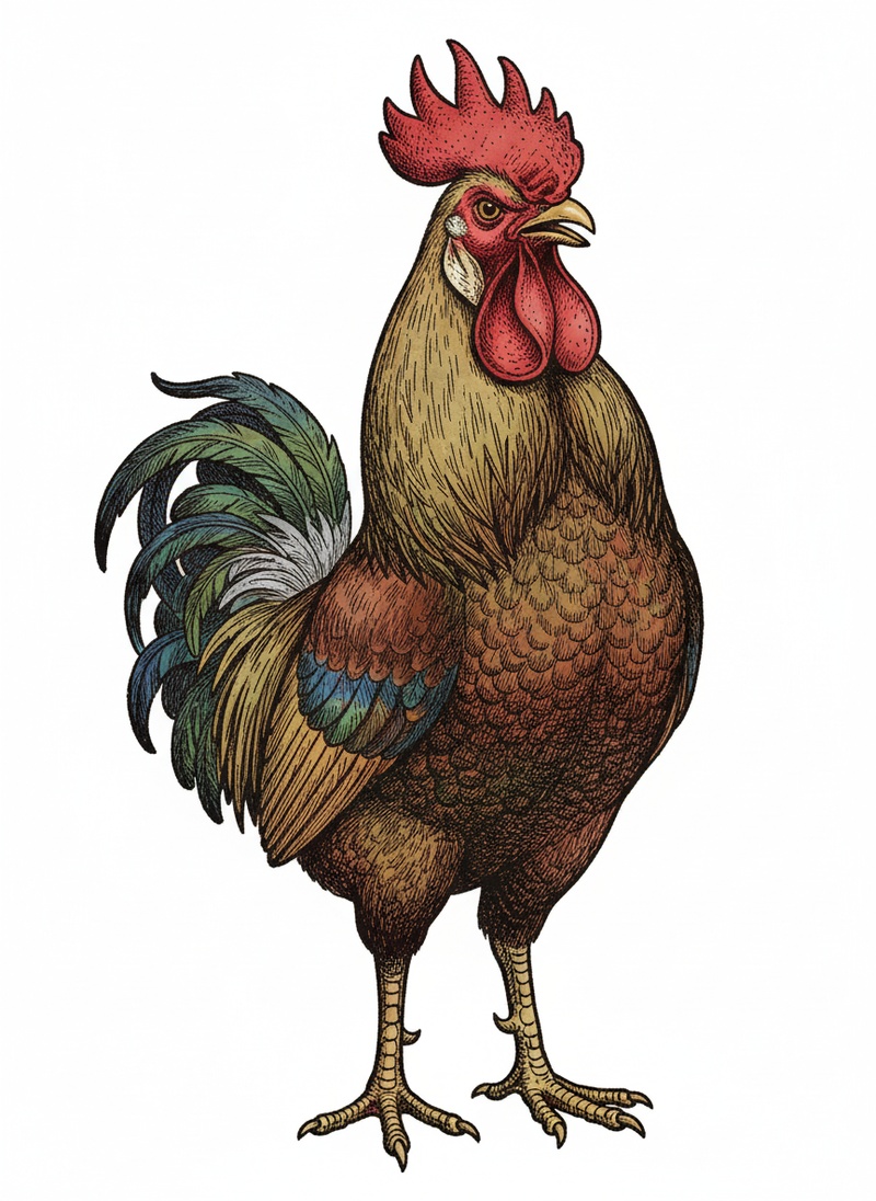 Rooster Red the Proud Cockerel in Victorian Illustration - Full Colored Illustration