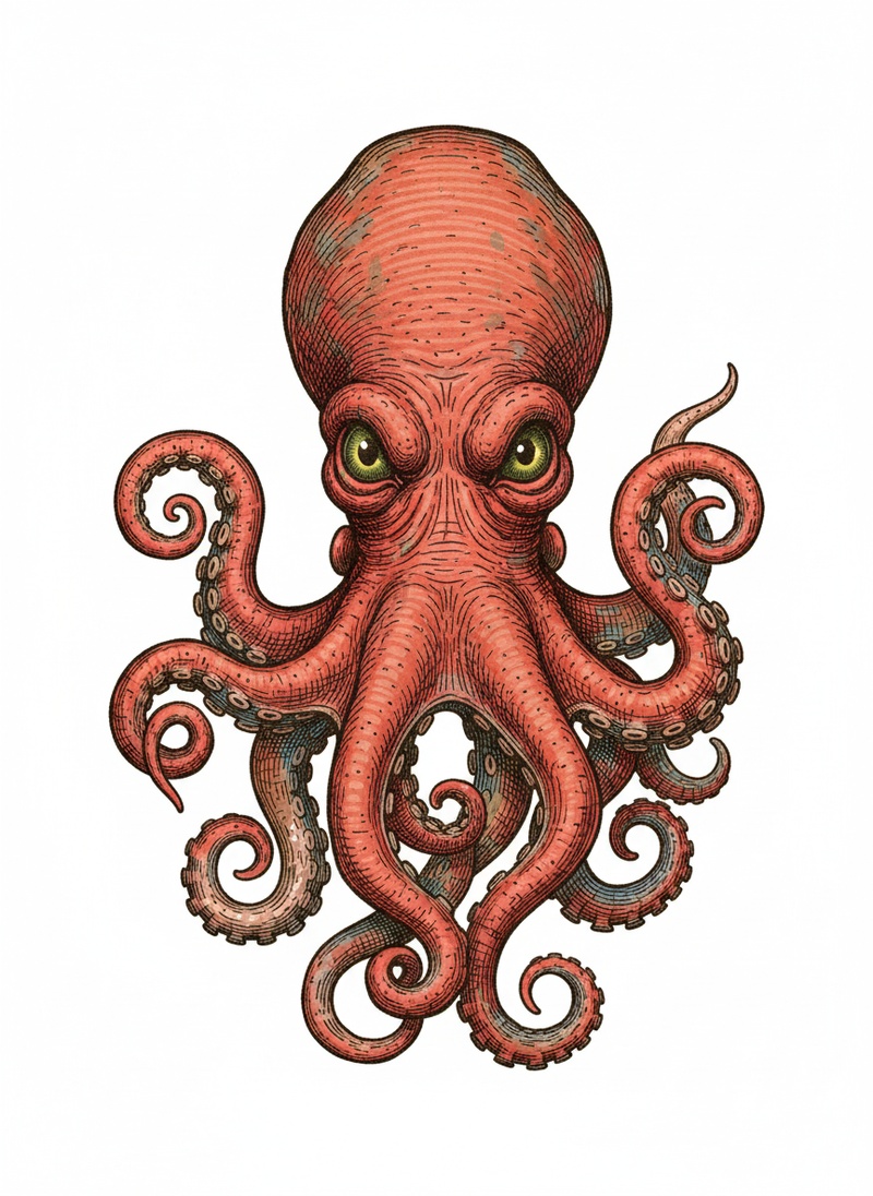 Inky the Clever Octopus in Victorian Illustration - Full Colored Illustration