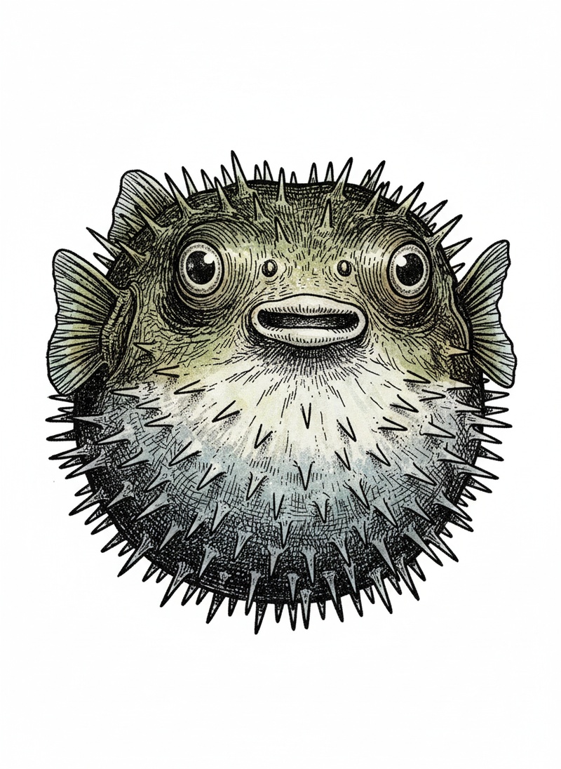 Spike the Pufferfish in Victorian Illustration - Full Colored Illustration