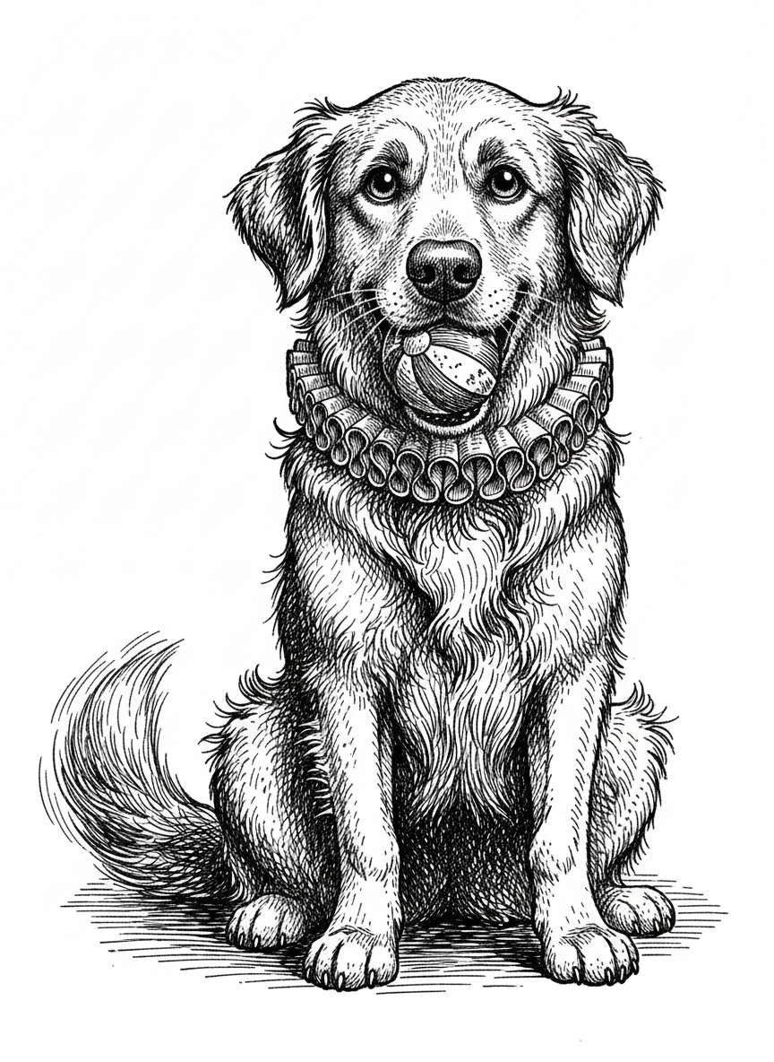 Max the Loyal Golden Retriever - Black & White Illustration