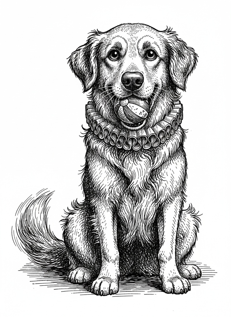 Max the Loyal Golden Retriever in Victorian Illustration - Black & White Illustration