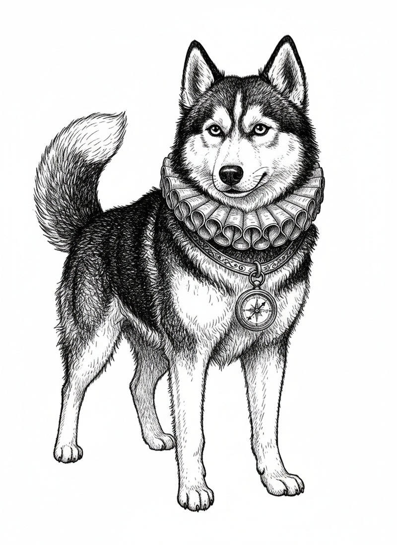 Luna the Curious Husky in Victorian Illustration - Black & White Illustration