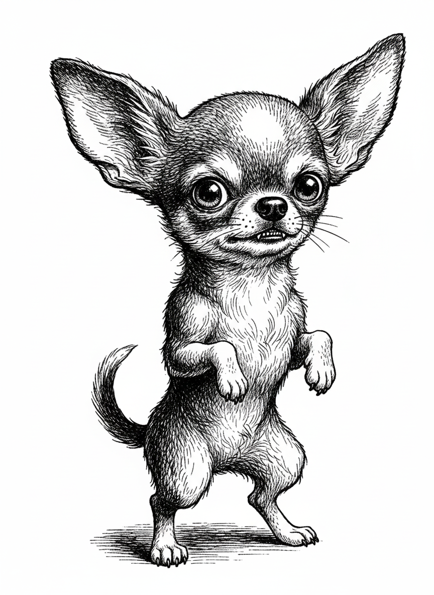 Tiny the Brave Chihuahua - Black & White Illustration