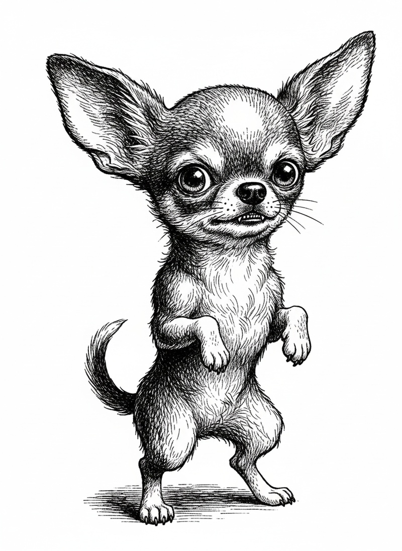 Tiny the Brave Chihuahua in Victorian Illustration - Black & White Illustration
