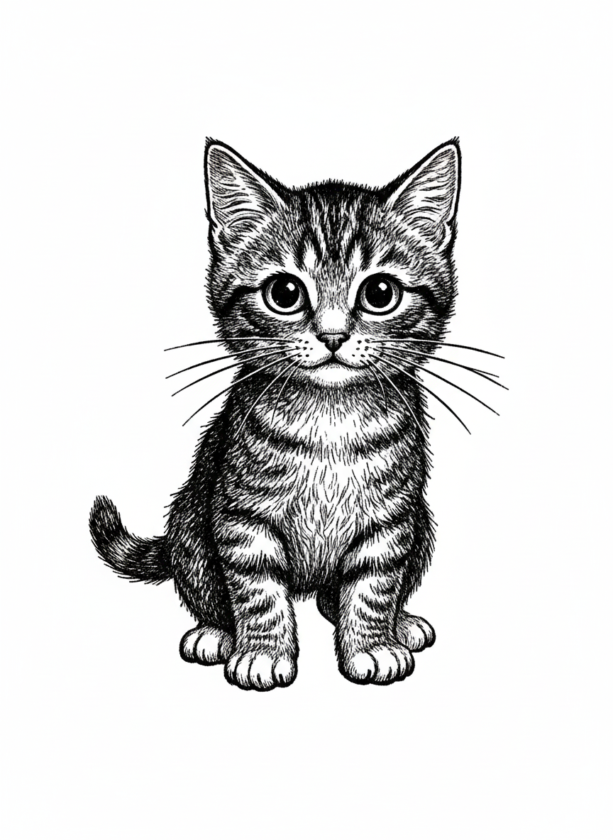 Whiskers the Shy Cat - Black & White Illustration