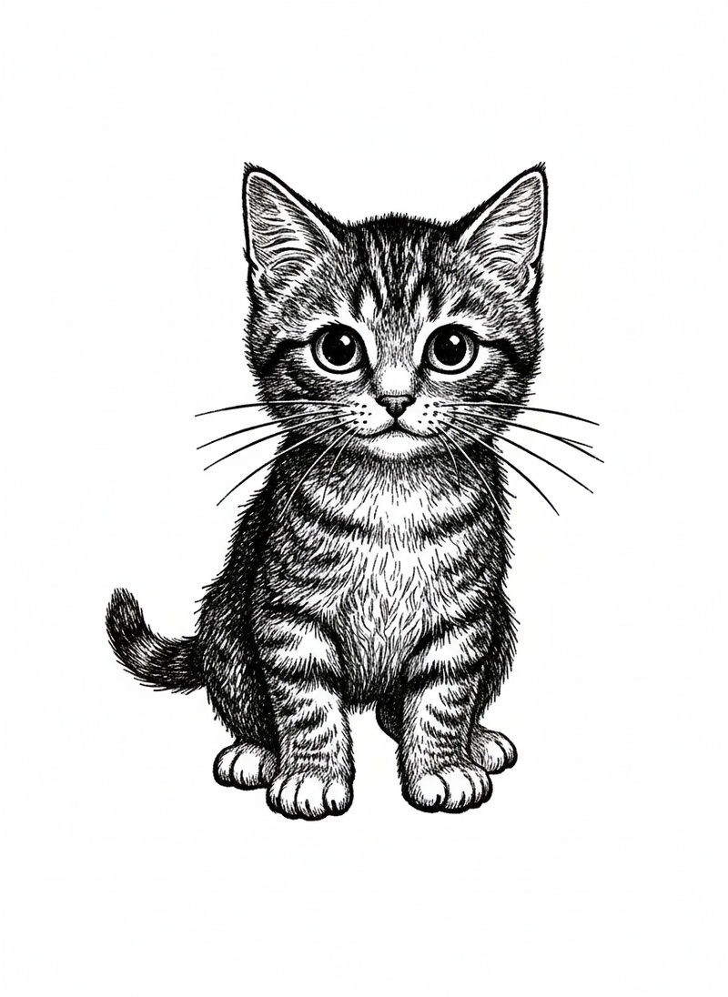 Whiskers the Shy Cat in Victorian Illustration - Black & White Illustration