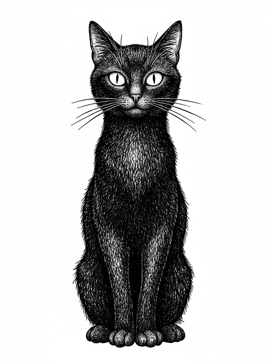 Shadow the Mysterious Black Cat - Black & White Illustration