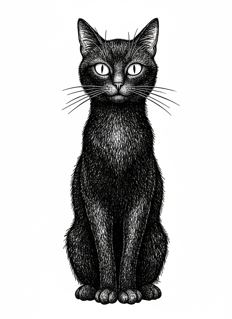 Shadow the Mysterious Black Cat in Victorian Illustration - Black & White Illustration