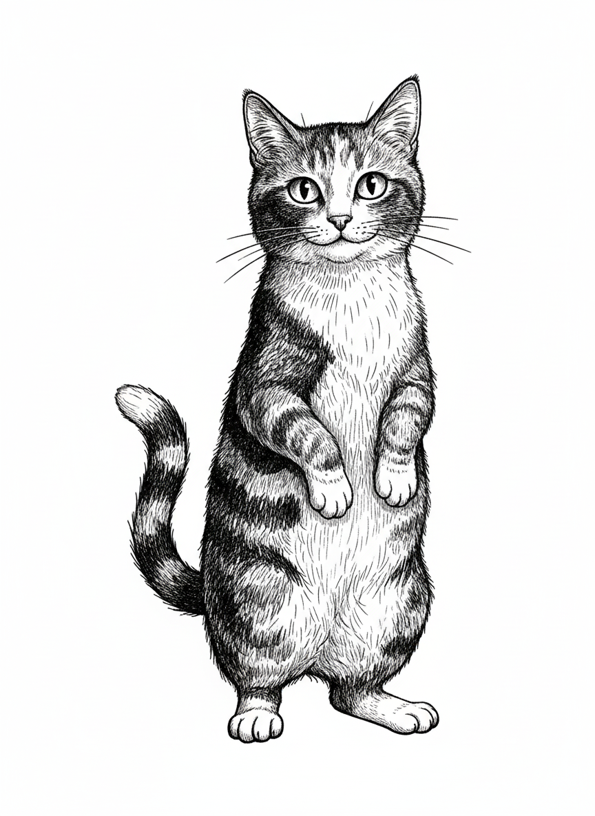 Patches the Playful Calico - Black & White Illustration