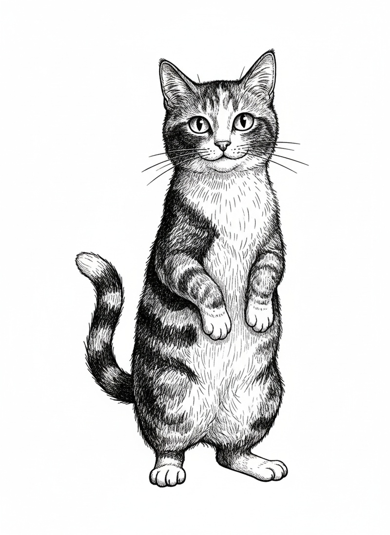 Patches the Playful Calico in Victorian Illustration - Black & White Illustration